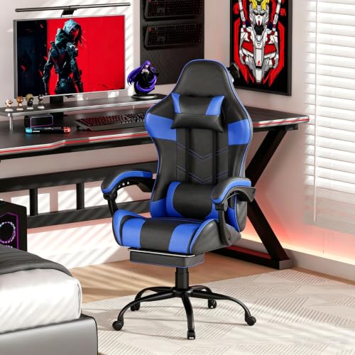 Frovlni Blue Gaming Chair with Footrest, Ergonomic Video Game Chair for Adults
