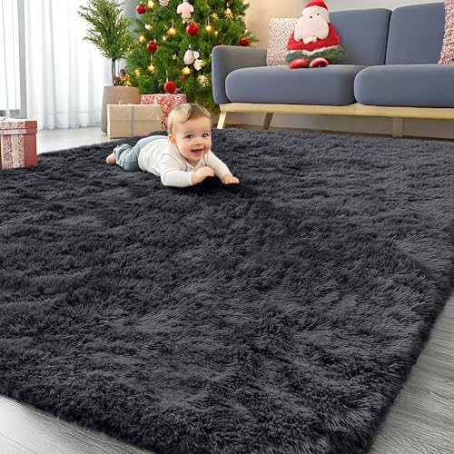 8x10 Ft Black Large Area Rug - Machine Washable Fluffy Shaggy Bedroom & Living Room Carpet