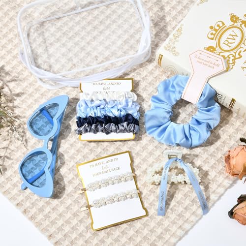 4 Sets Pearl Bridal Gift Set with Claw Clips Makeup Bag & Sunglasses - Blue