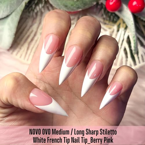 Medium/Long White French Tip Sharp Stiletto Nail Tips Berry Pink 160 Pcs