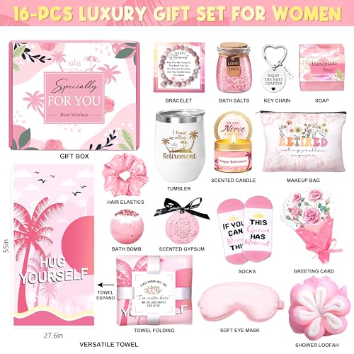 Retirement Gifts for Women 2025 - 16 pcs Relaxing Spa Gift Basket Set, Best Happy Retirement Gifts for Teacher Nurses Boss Friends Mom Mother Grandma Coworker, Funny Retired Gifts for Woman
