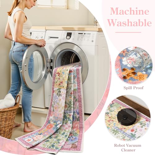 5' x 7' Pink Girls Bedroom Rug - Soft Patchwork Non-Slip Washable Carpet