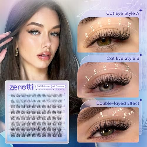 Self Adhesive Lash Clusters Natural Self Adhesive Eyelashes No Glue Lashes Clusters Wispy Eyelash Cluster Waterproof Pre Glued Lash Cluster Short 8-14mm Press on lashes by zenotti