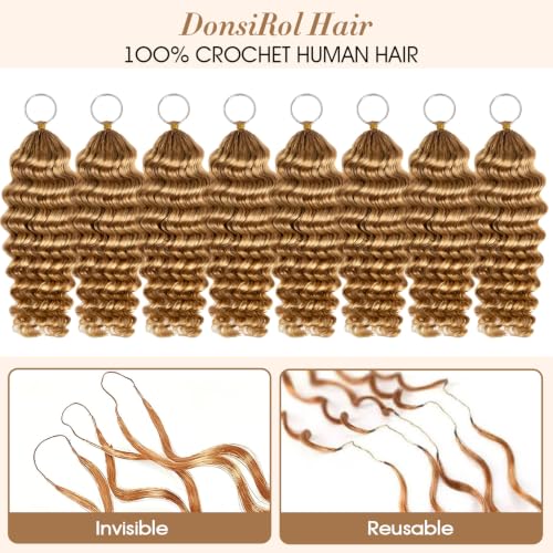 DonsiRol 12in Deep Wave 50g Human Crochet Hair #27 Honey Blonde, Reusable Knotless Feather Hair
