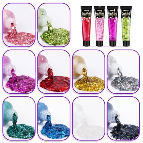 10 Colors Body Glitter,Face Glitter Makeup for Kids Women,Sparkly Chunky Hair Glitter for Eye Lip Hair Nails,Mardi Gras Glitter Makeup Face Paint,Singer Concerts Disco Rave Festival Accessories