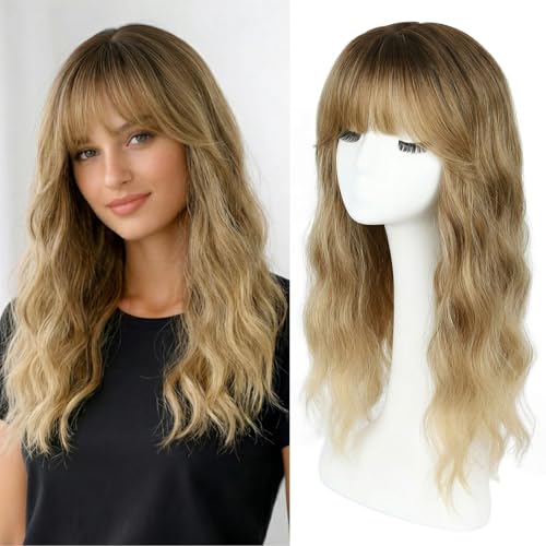 Kmzbasg 20in Blonde Brown Hair Topper with Dark Roots & French Bangs - 360 3D Clip-In for Thinning Hair