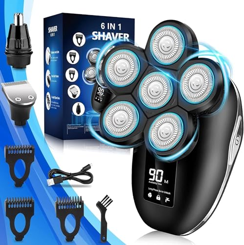 Silver 6-in-1 Electric Head Shaver for Men Waterproof Rotary Razor Kit