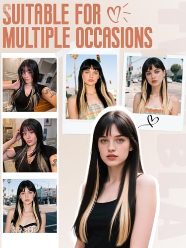Black Synthetic Wig with Bangs - 26 Inch Long Straight Layered Style for Women, Heat Resistant & Natural Look