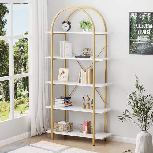 Gold 5-Tier Arched Bookshelf - Industrial Style Curved Tall Bookcase, 31.5 Inch Width