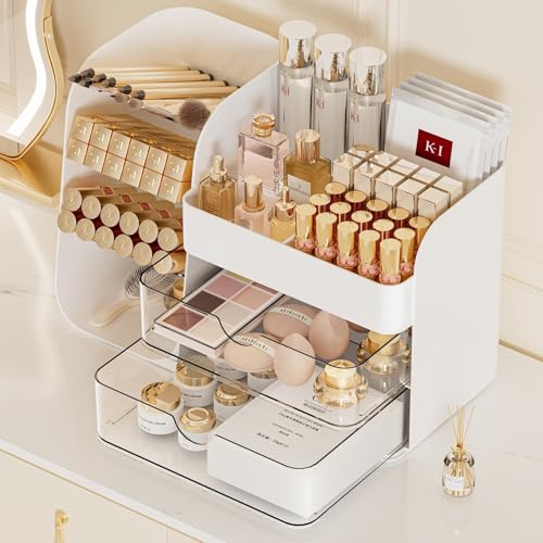 Makeup Organizer with Drawers,Large Capacity Countertop Organizer for Vanity,Bathroom and Bedroom Desk Cosmetics Organizer,Easy To Storage Skincare,Brushes, Eyeshadow,Lipstick (White, Large)