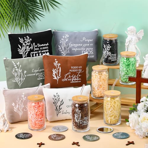 Christian Gift Set with Bible Style Accessories - 6 Pieces, Neutral Colors, 17oz Glass Cup, Makeup Bag & Mirror - Variation of 6 / Spanish Neutral Colors / 17 Ounces