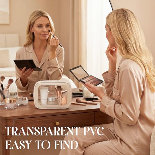 Abbylike 10 Pcs Clear Makeup Bags Bulk TSA Approved Clear Toiletry Bags with Zipper PU Leather Transparent Waterproof Travel Makeup Toiletry Organizer for Women Girls Wedding Bridal Gifts(Beige)