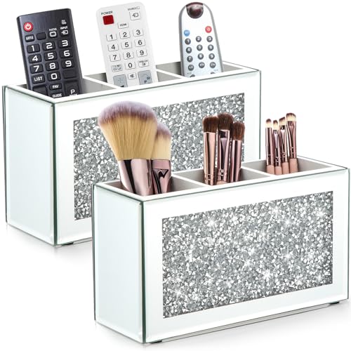 Mirrored Makeup Brush Holder with Crushed Diamond 3 Slots - Vanity Organizer