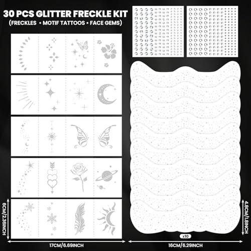 30PCS Glitter Freckles Face Tattoos & Face Gems Set, Classic Silver Glitter Temporary Tattoos for Valentine's Day Makeup, Fake Freckles Face Glitter for Women¡¯s Rave Outfits & Accessories