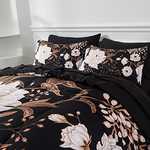 Black Floral Queen Bed in a Bag 7-Piece Comforter Set Botanical Bedding