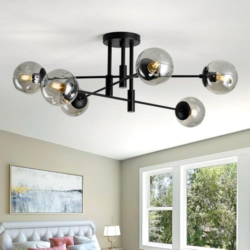 Black 6-Light Glass Globe Sputnik Ceiling Light Fixture Modern Farmhouse Chandelier