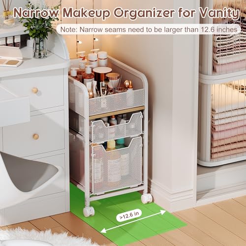 Rolling Makeup Cart Organizer with 2 Drawers, Narrow Floor Skincare Organizers, Vanity Organizer Cosmetics Display Cases Holder for Skin Care Nail Polish Perfume Makeup Brush, White