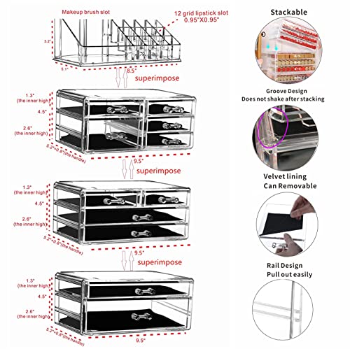 Clear Makeup Organizer with 11 Drawers - 4 Stackable Sections & Top Holder, 11-Drawer Cosmetic Storage for Vanity & Skincare - Variation: 11 Drawers / Clear