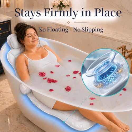 White Extra Long Bathtub Pillow with Adjustable Lumbar Support - Fast Dry Spa Accessory