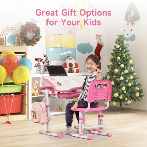 Kids Desk and Chair Set with Tilt Desktop LED Light Pink - Children’s Multi-Function School Furniture