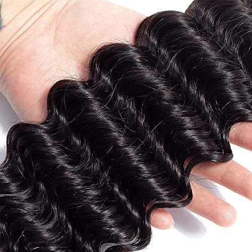 Black #1B Deep Wave Human Hair Bundles 14-18 Inch 3 Pack 160g Brazilian Virgin Remy