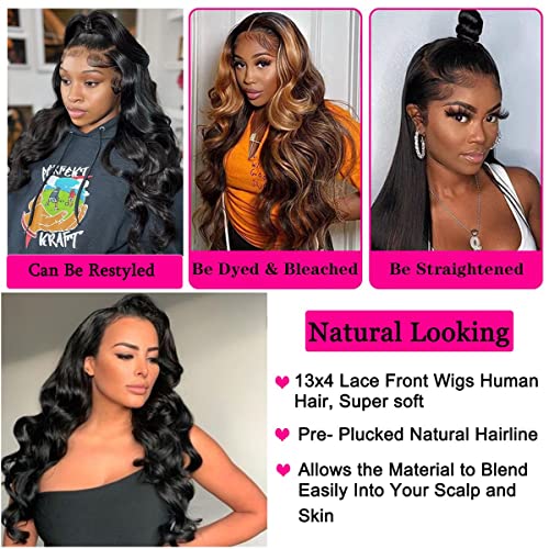 Atilck 20in Natural Black 13x4 Lace Front Wig Body Wave Glueless, 100% Brazilian Human Hair