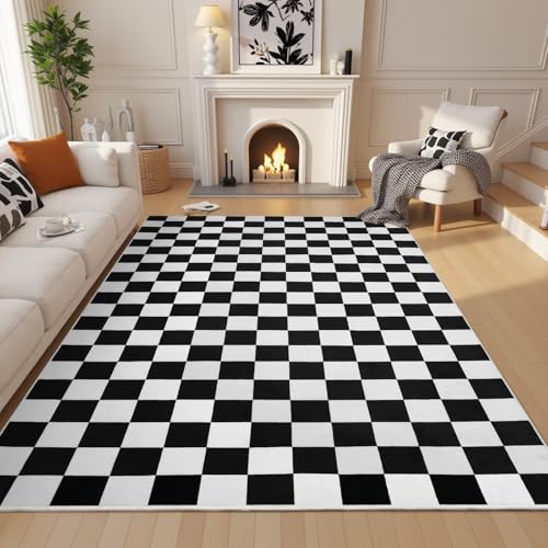 Black and White Checkered Area Rug 8x10 - Soft Non-Slip Floor Mat for Living Room & Home