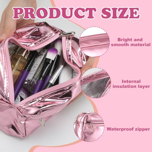 Pink Insulated Makeup Bag for Car Cosmetic Bag for Women Girls Metallic PU Portable Zippered Makeup Pouch Travel Organizer Shields Cosmetics from Freezing Melting Party Gifts, 7.9''x4.7''