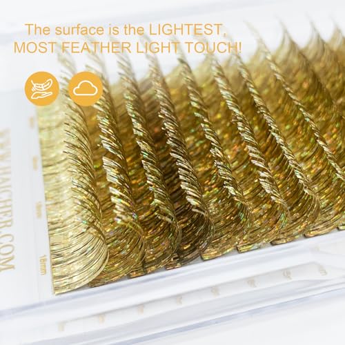 Colored Lash Extensions CC Curl 9-18mm Mixed Lash Trays, Holographic Lash Tinsel for Eyelash Extension (Gold, Volume)