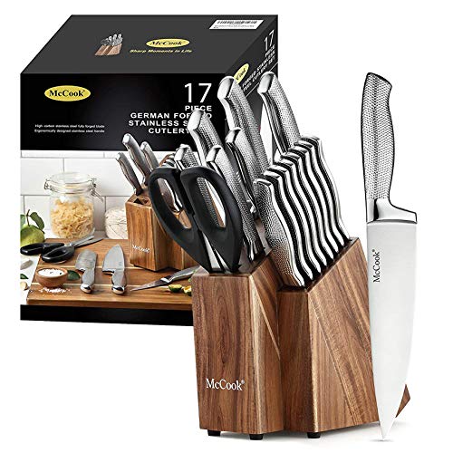 McCook 17-Piece Knife Set with Built-in Sharpener, Stainless Steel & Acacia Block