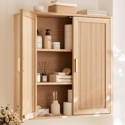 INNOD Wood Wall-Mounted Bathroom Cabinet Over Toilet Storage with Adjustable Shelf (Natural Oak) - Included Doors