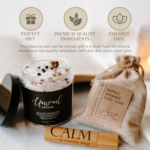 Relaxing Bath Gift Set for Women with Epsom Salts, Lavender Oatmeal & Essential Oil Roller