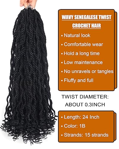 Wavy Senegalese Twist Crochet Hair 24 Inch - 8 Packs Pre Looped for Black Women Variation of 1B / 24 Inch