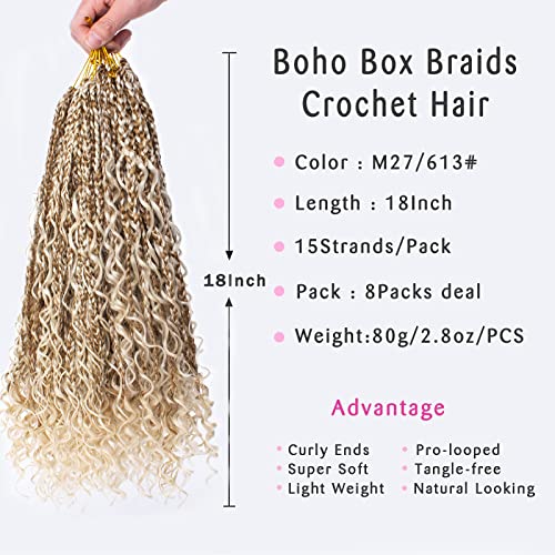Pre-looped Boho Box Braids Crochet Hair 18 Inch - Mix Blonde Goddess Style, 8 Pack