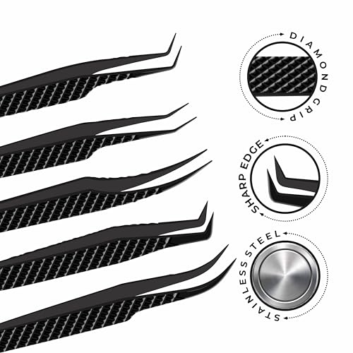 Black Lash Tweezers Set of 5 - Stainless Steel Eyelash Extension Tweezers