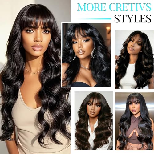 20 Inch Body Wave Human Hair Wig with Bangs - Natural Black, Lace Front, Glueless, Brazilian Virgin Hair