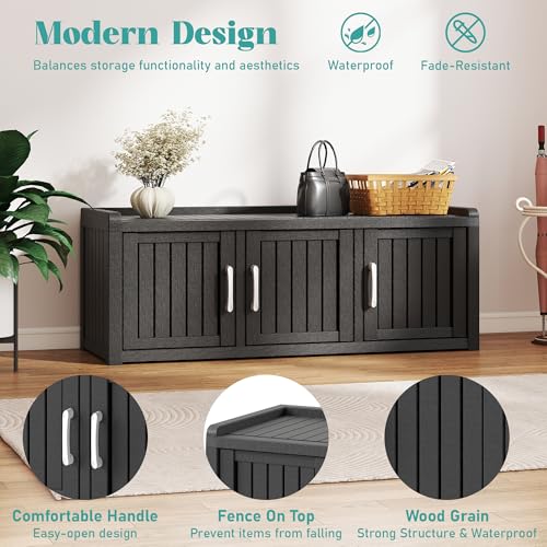3-Door Waterproof Shoe Storage Cabinet with Adjustable Shelves - Black