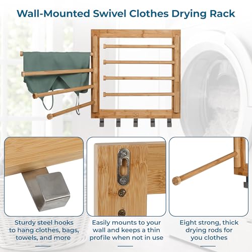 Honey-Can-Do Wall-Mounted Bamboo Swivel Drying Rack - 80 lb Capacity, Natural, Space-Saving