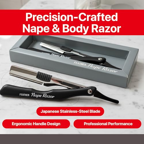 Feather - Nape and Body Razor - Designed for Trimming, Cutting, Thinning, Shaving Neckline, Facial Detail Work, Bikini Areas & Dermaplaning Use - Ergonomic Handle - Made in Japan