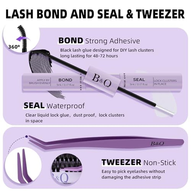 B&Q Volume Lash Clusters Kit 280PCS Lash Extension Kit Thick 3D Wispy DIY Eyelash Extension Set with Individual Lashes, Lash Bond and Remover,Tweezers(80D+100D)