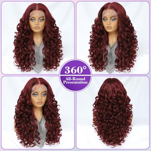 Felek 24 Inch Burgundy Synthetic Lace Front Wig 13x6 HD Transparent Lace Curly Style Variation of THIS listing