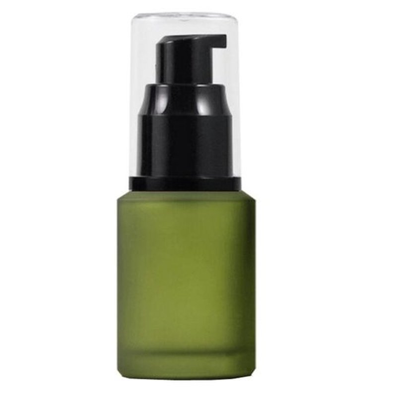 1PCS 60ML/2OZ Empty Refillable Green Frosted Glass Bottles with Pump Vial Cosmetic Dispenser Jars Storage Container Portable Travel Bottle Sample Trial Packing