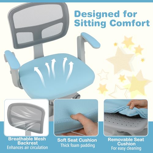 Kids Desk Chair with Adjustable Height Armrest & Footrest - Blue