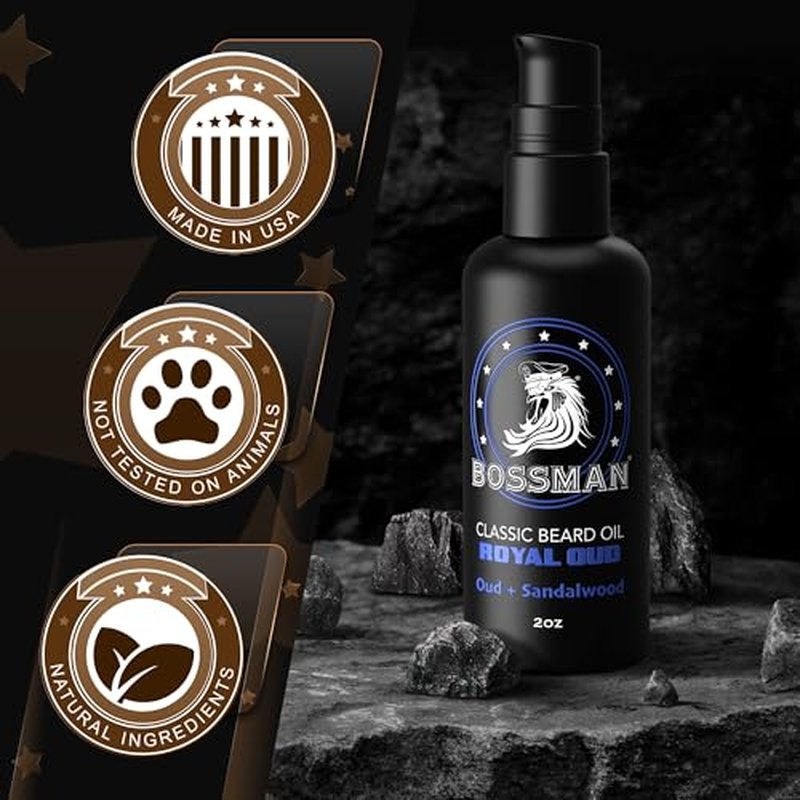 Bossman Organic Mustache & Beard Oil for Men, 2 oz ? Natural Beard Moisturizer with Jojoba, Argan & Avocado Oils (Royal Oud Scent)