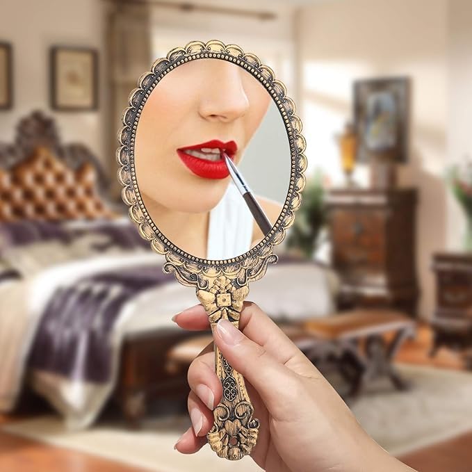 Vintage Handheld Makeup Mirror Brass Gold Floral Design - 48 Pcs