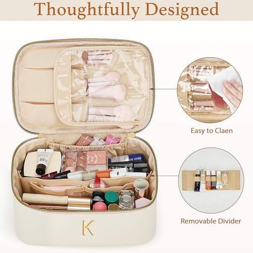 Beige Personalized Initial Travel Makeup Toiletry Bag Gifts for Women - K