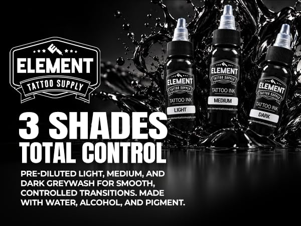 Element Tattoo Supply 2 oz Greywash Set – 3 Shades Greywash (Light, Medium, Dark) for Black & Grey Tattoos