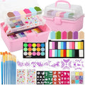 Kids Face Painting Kit with Organizer Box - Non-Toxic, Washable Party Makeup Set with Brushes, Gems & Stencils