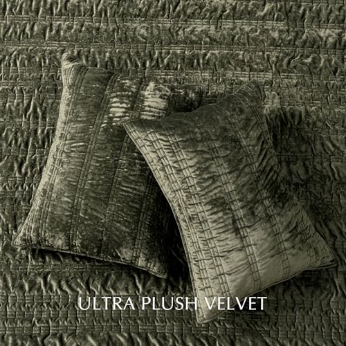 King Size Velvet Quilt Set with Ruched Texture - Olive Green, Lightweight & Luxurious