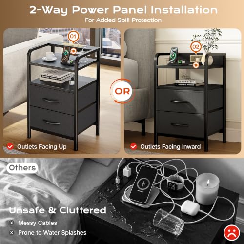 Huuger Black Nightstands Set of 2 with LED Lights and Charging Station